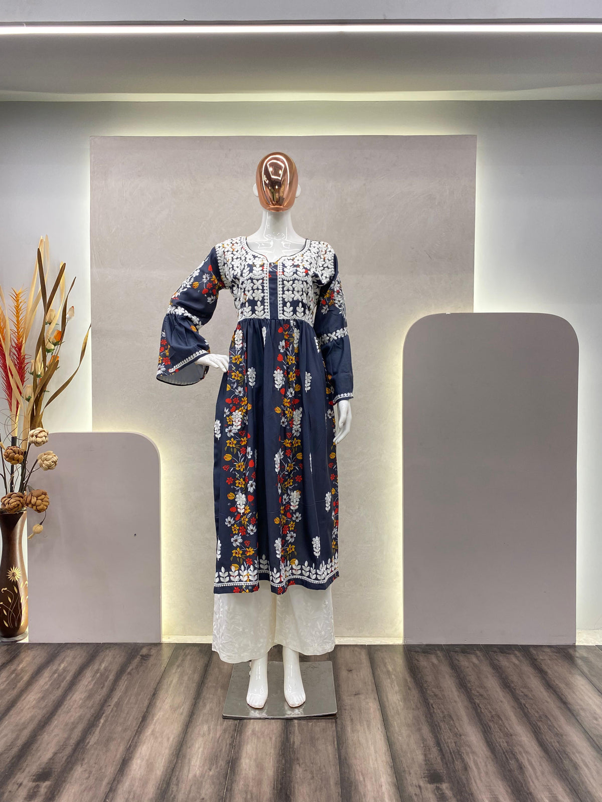 Classy Thread Embroidery Work Blue Color Suit