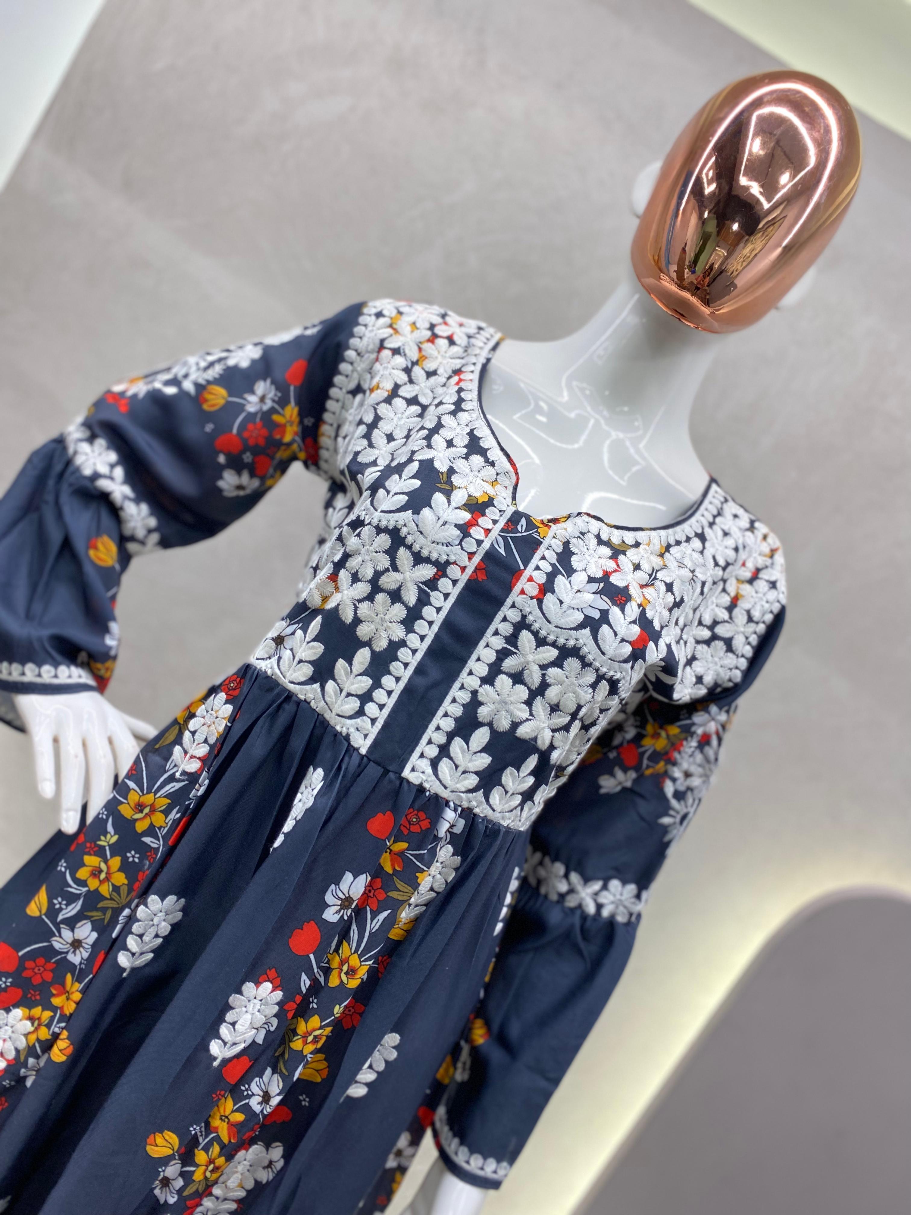 Classy Thread Embroidery Work Blue Color Suit