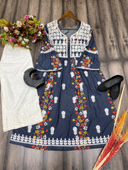 Classy Thread Embroidery Work Blue Color Suit