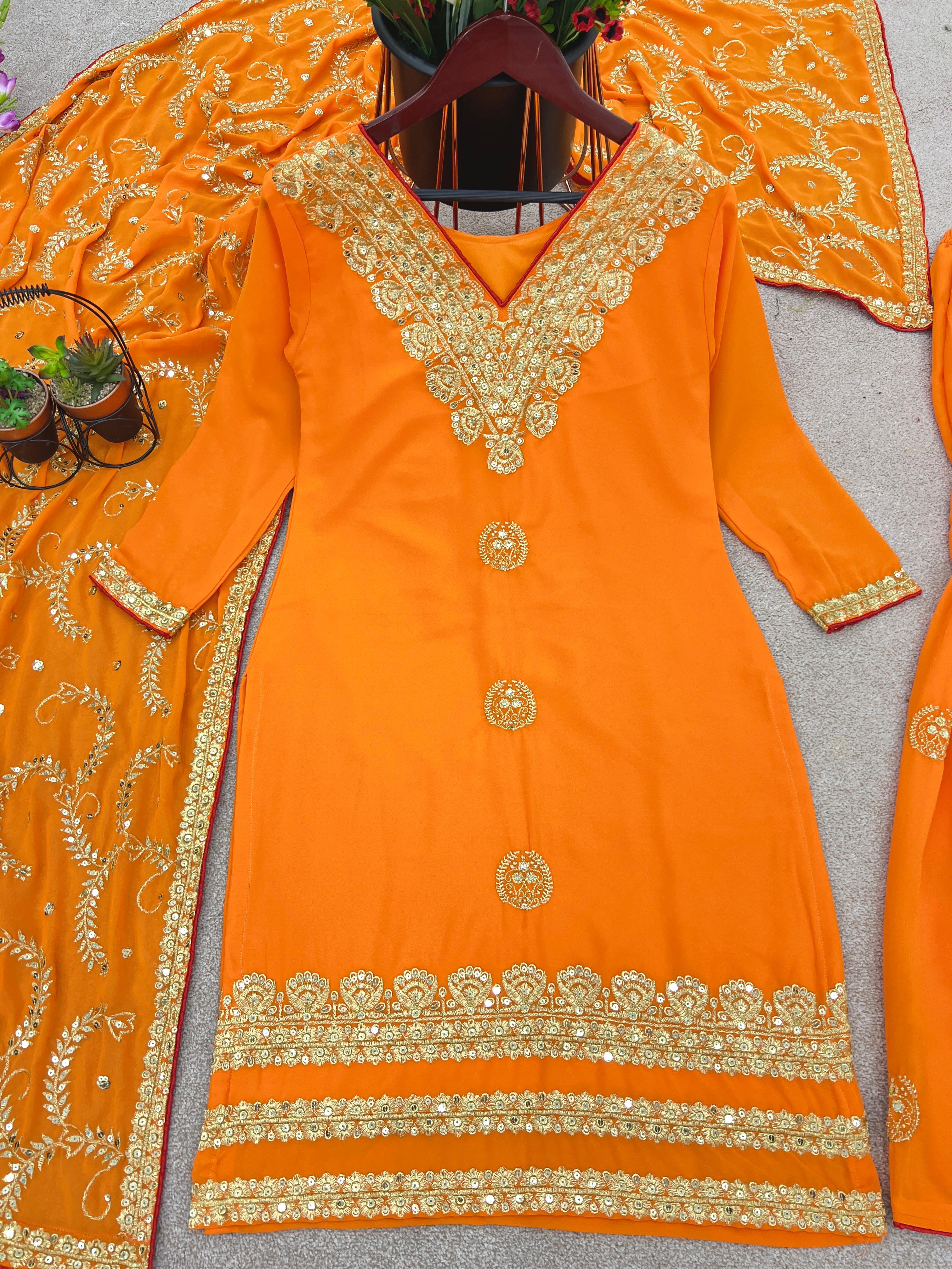 Embellished  Embroidery Sequence Work Orange Color Sharara Suit