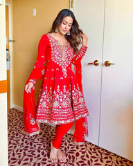 Glorious Sequences Embroidery Work Red Color Anarkali Suit