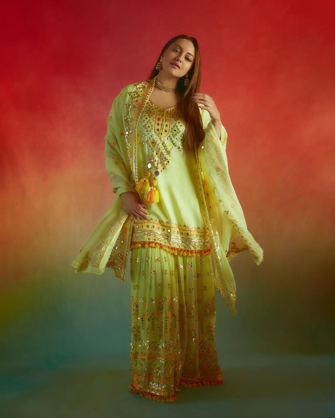 Sonakshi Sinha Bollywood Style Perrot Color Sequence Embroidery Work Sharara Suit