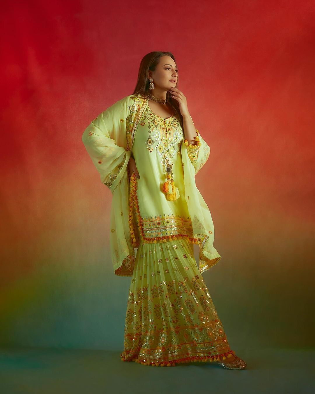 Sonakshi Sinha Bollywood Style Perrot Color Sequence Embroidery Work Sharara Suit