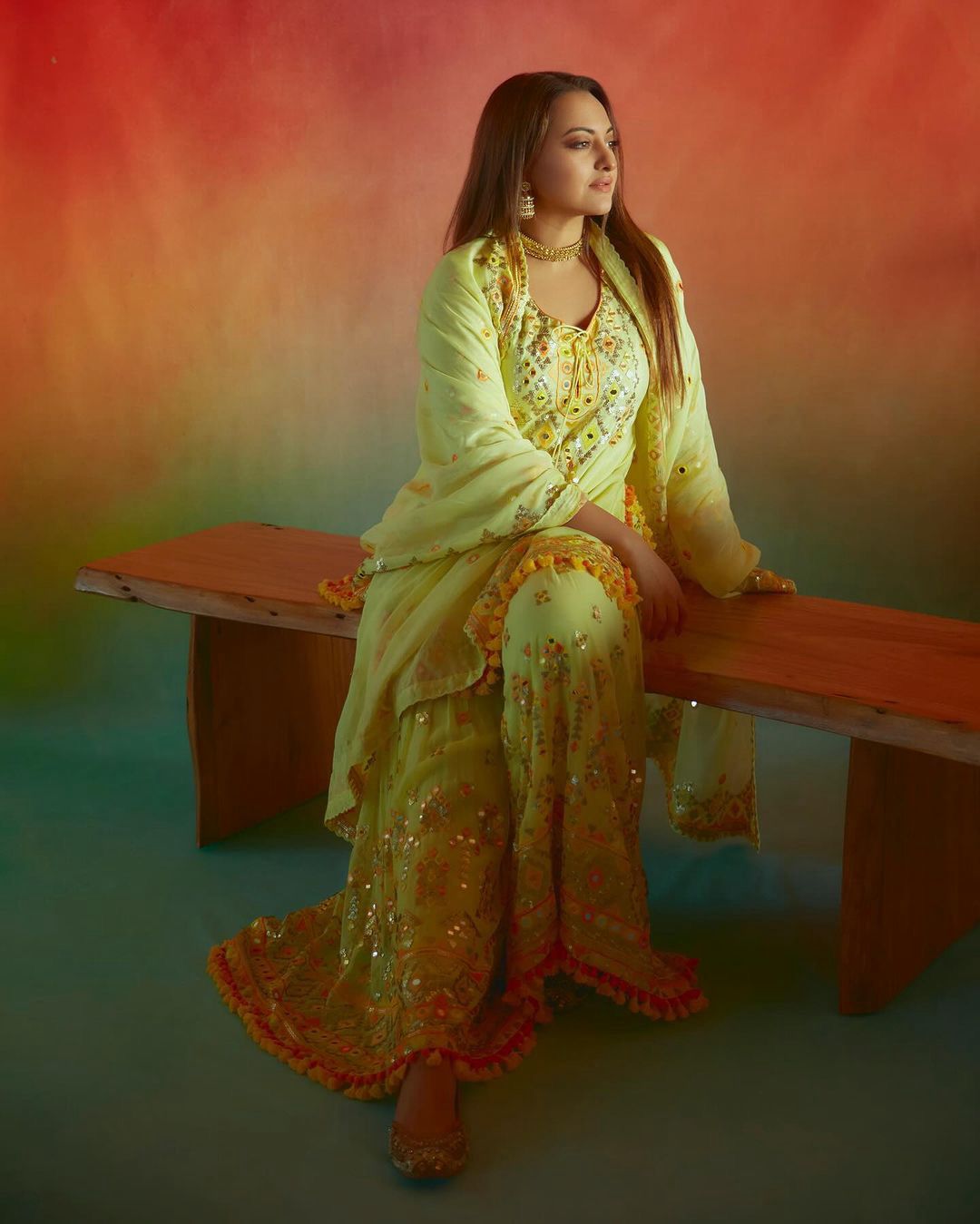Sonakshi Sinha Bollywood Style Perrot Color Sequence Embroidery Work Sharara Suit