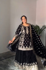Captivating  Embroidery Sequence Work Black Color Sharara Suit