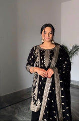 Captivating  Embroidery Sequence Work Black Color Sharara Suit
