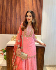 Charming  Embroidery Sequence Work Peach Color Sharara Suit