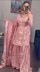 Delightful Embroidery Sequence Work Peach Color Sharara Suit
