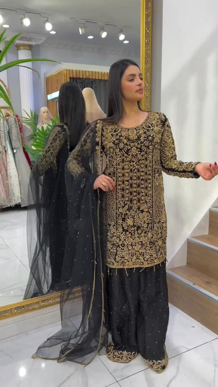 Presenting  Sequence Embroidery Work Black Color Palazzo Suit