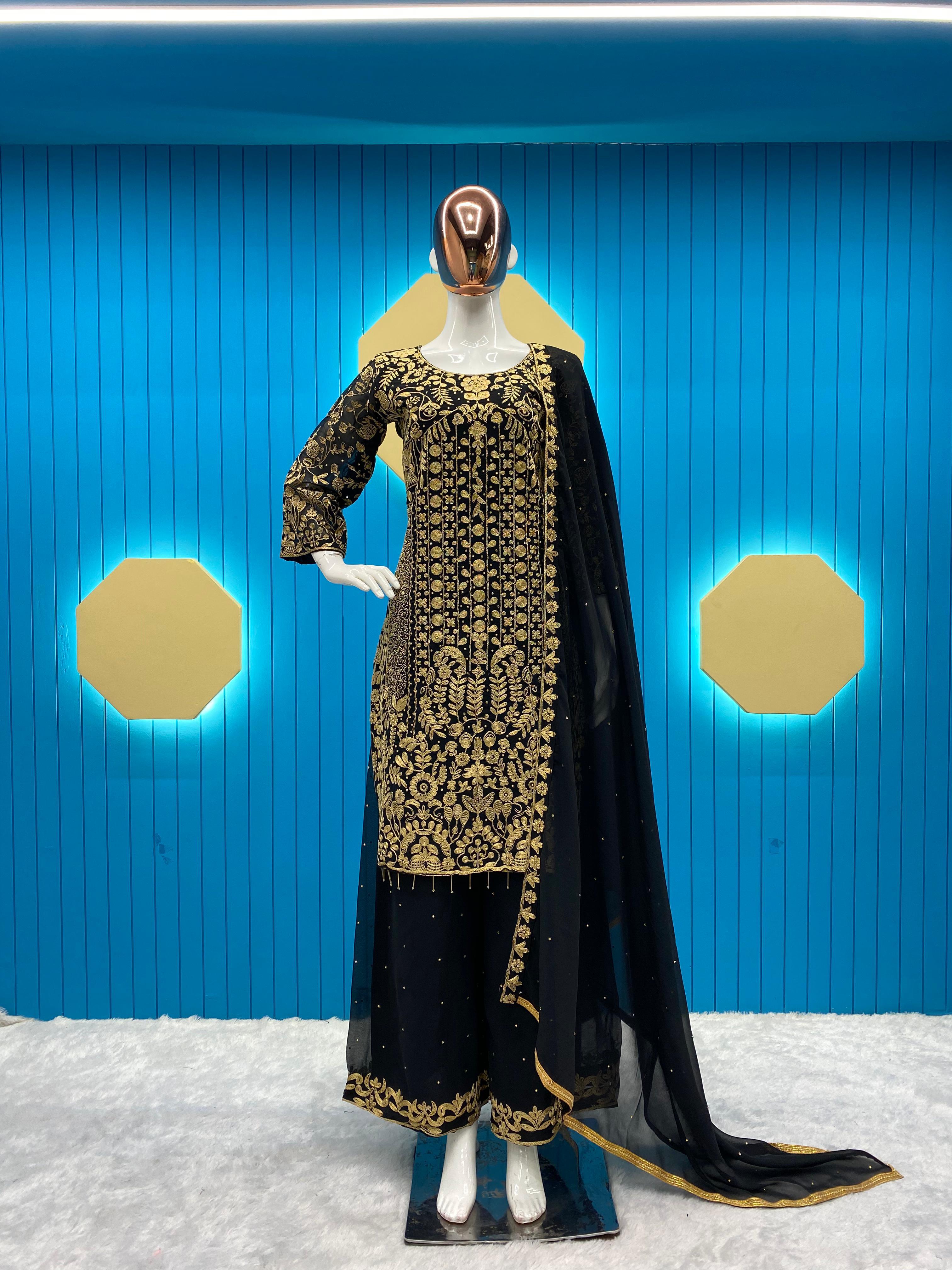 Presenting  Sequence Embroidery Work Black Color Palazzo Suit