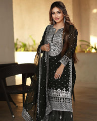 Decent Embroidery Sequence Work Black Color Sharara Suit