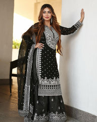 Decent Embroidery Sequence Work Black Color Sharara Suit