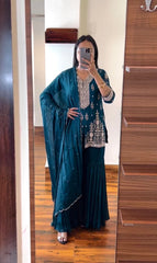 Captivating Teal Color Embroidery Sequence Work Sharara Suit