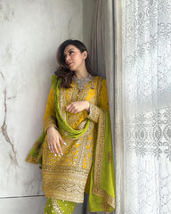 Marvelous  Embroidery Sequence Work Yellow Color Sharara Suit