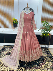 Mesmerizing Embroidery Sequence Work Peach Color Long Gown