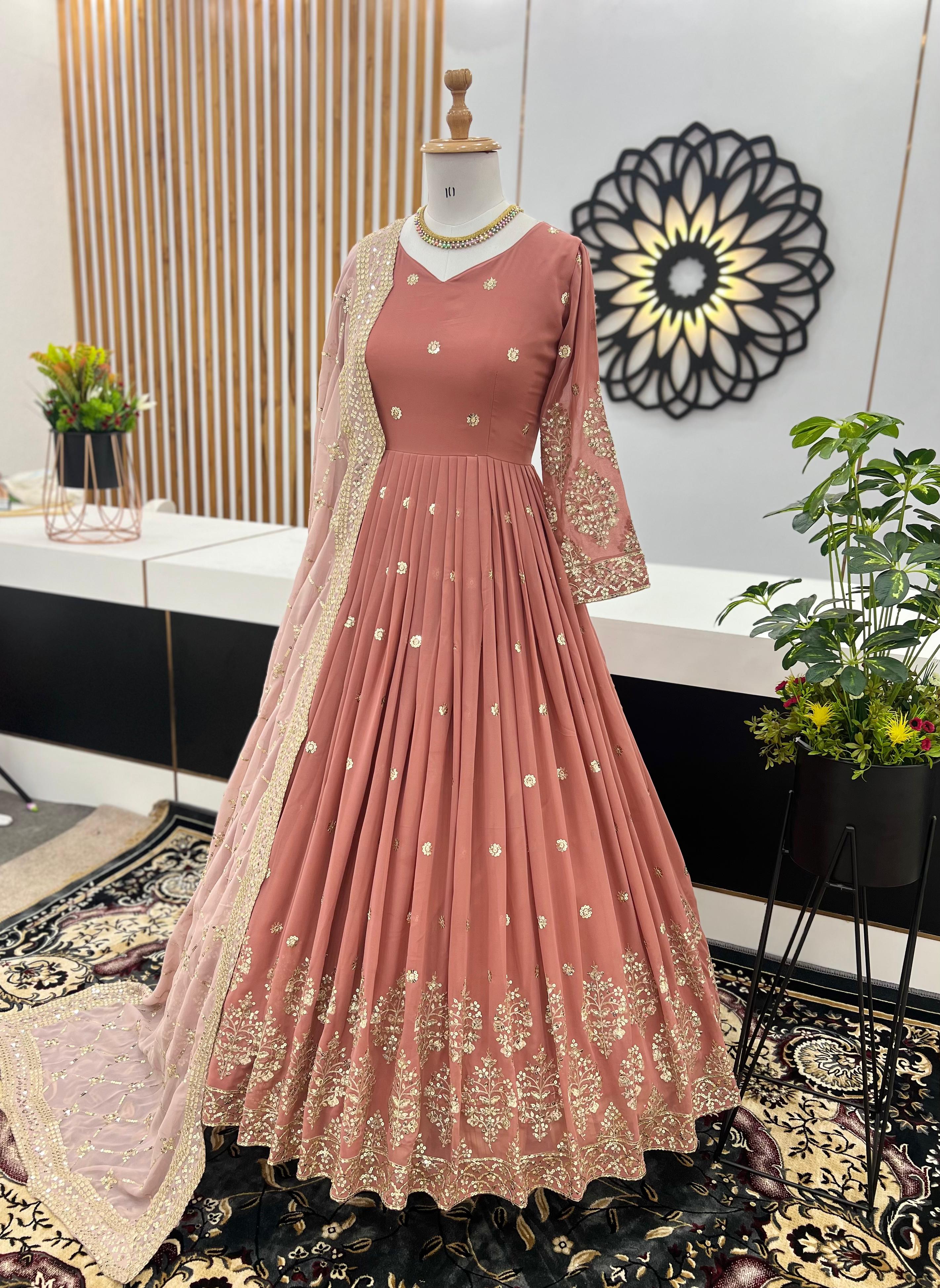 Mesmerizing Embroidery Sequence Work Peach Color Long Gown