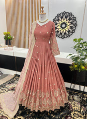 Mesmerizing Embroidery Sequence Work Peach Color Long Gown