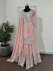 Demanding Embroidery Sequence Work Peach Color Sahara Suit