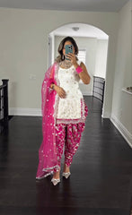 Fashionable Embroidery With  Sequence Work White With Pink Color Dhoti Suit