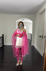 Fashionable Embroidery With  Sequence Work White With Pink Color Dhoti Suit