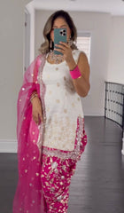 Fashionable Embroidery With  Sequence Work White With Pink Color Dhoti Suit
