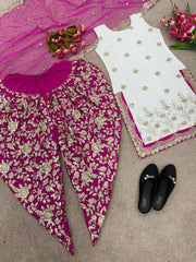 Fashionable Embroidery With  Sequence Work White With Pink Color Dhoti Suit