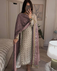 Pretty Sequence Work White Color Suit With Brown Dupatta