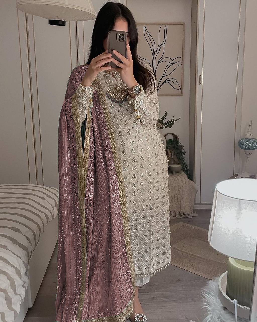 Pretty Sequence Work White Color Suit With Brown Dupatta
