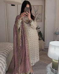 Pretty Sequence Work White Color Suit With Brown Dupatta