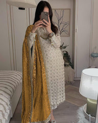 Pretty Sequence Work White Color Suit With Mustard Dupatta