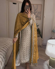Pretty Sequence Work White Color Suit With Mustard Dupatta