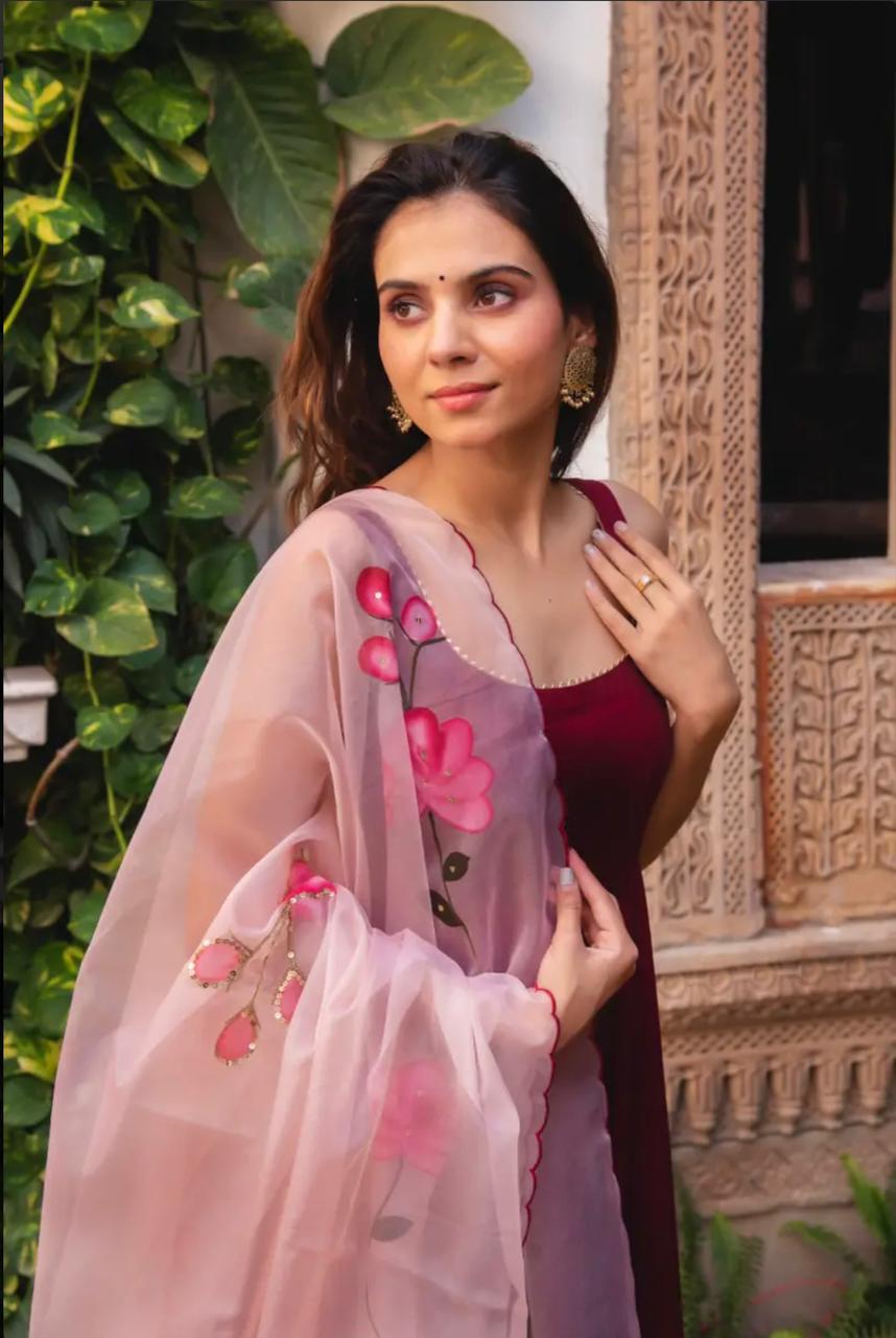 simple dress with organza dupatta Navy Blue Rayon Designer Gown with Organza Dupatta - PrazuFashion