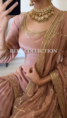 Captivating  Embroidery Sequence Work Peach Color Sharara Suit