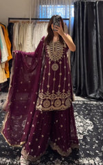 Fashionable Sequence Embroidery Work Maroon Color Sharara Suit