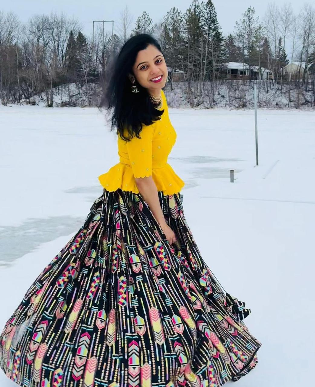 Flattering  Embroidery Thread work Yellow Color Top With Lehenga