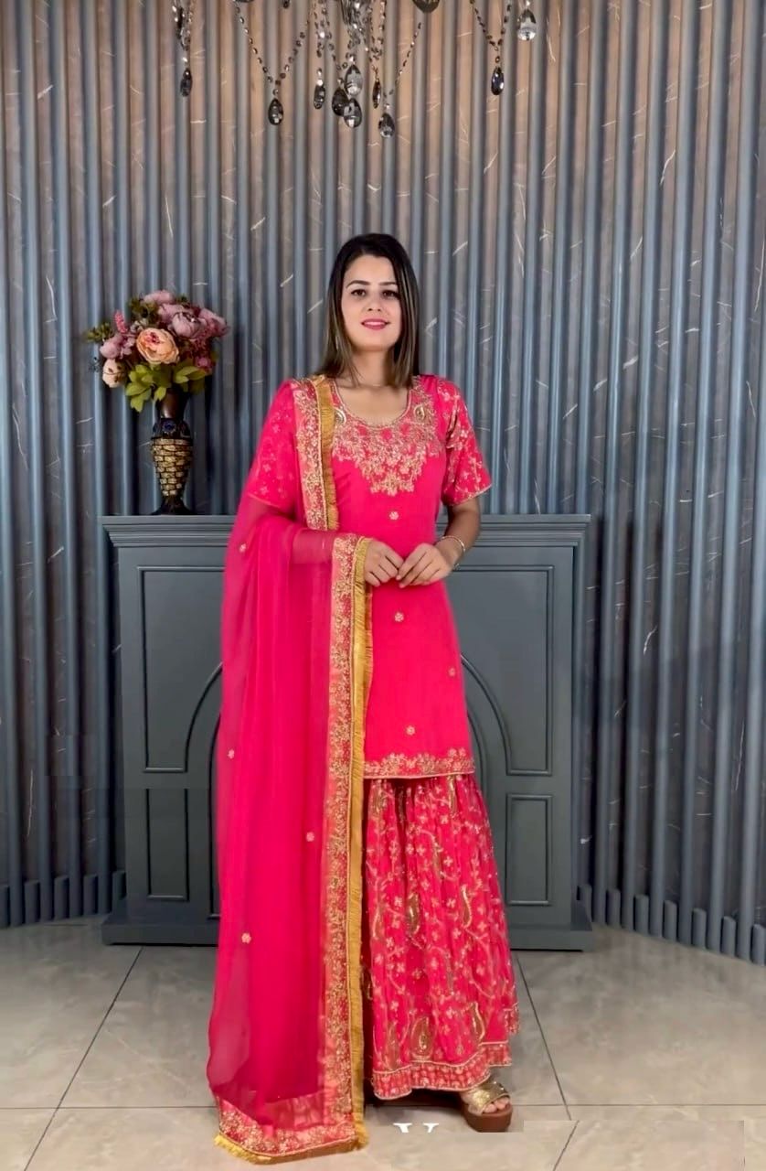Captivating Embroidery Work Pink Color Sharara Suit
