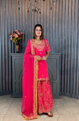 Captivating Embroidery Work Pink Color Sharara Suit