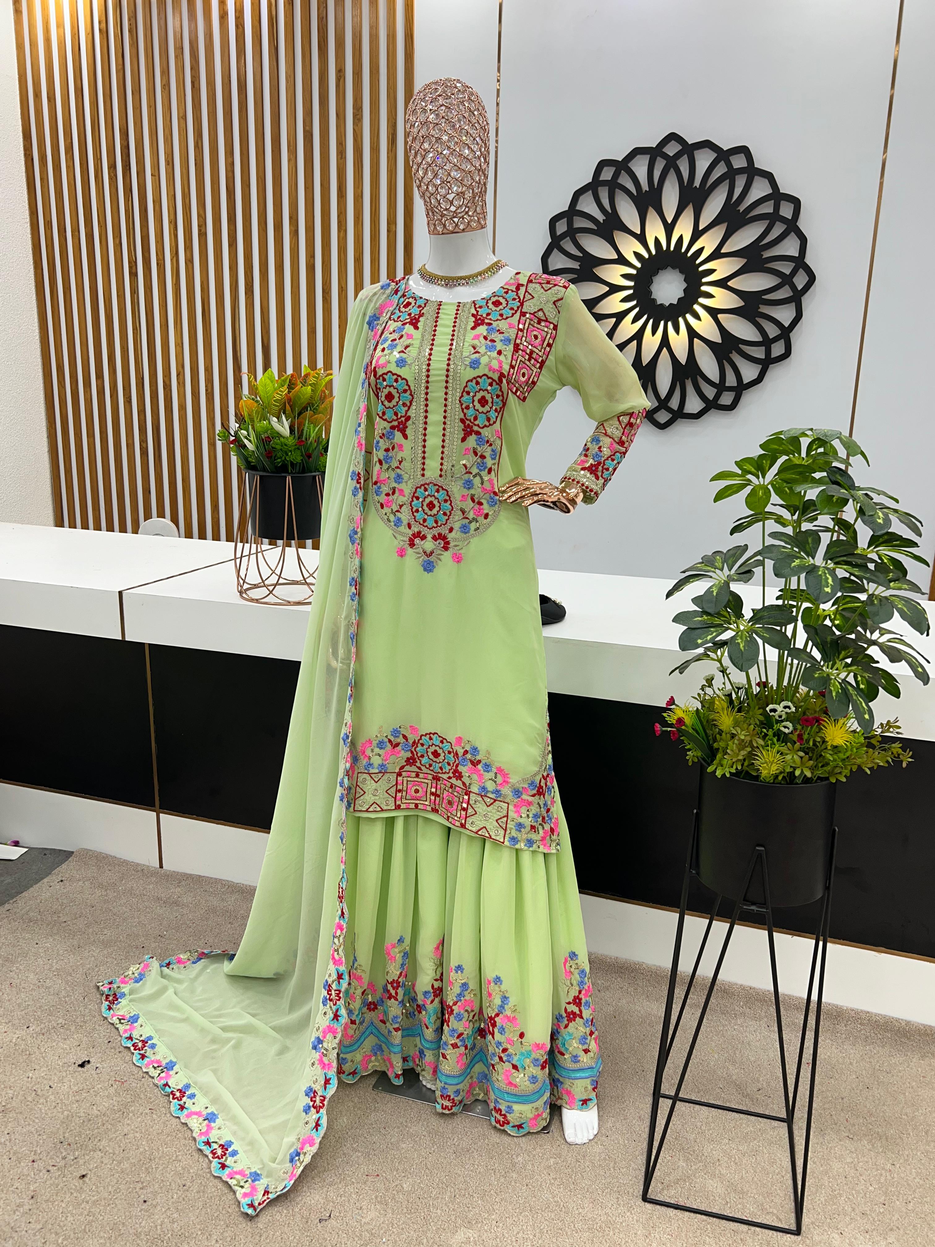 Captivating  Embroidery Sequence Work Rediyam Color Sahara Suit