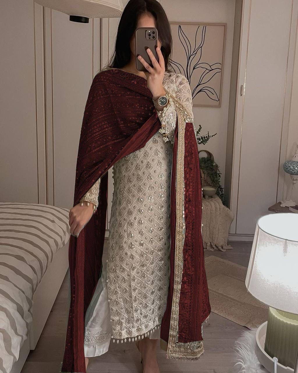 Adorable Embroidery Sequence Work White Anarkali Suit