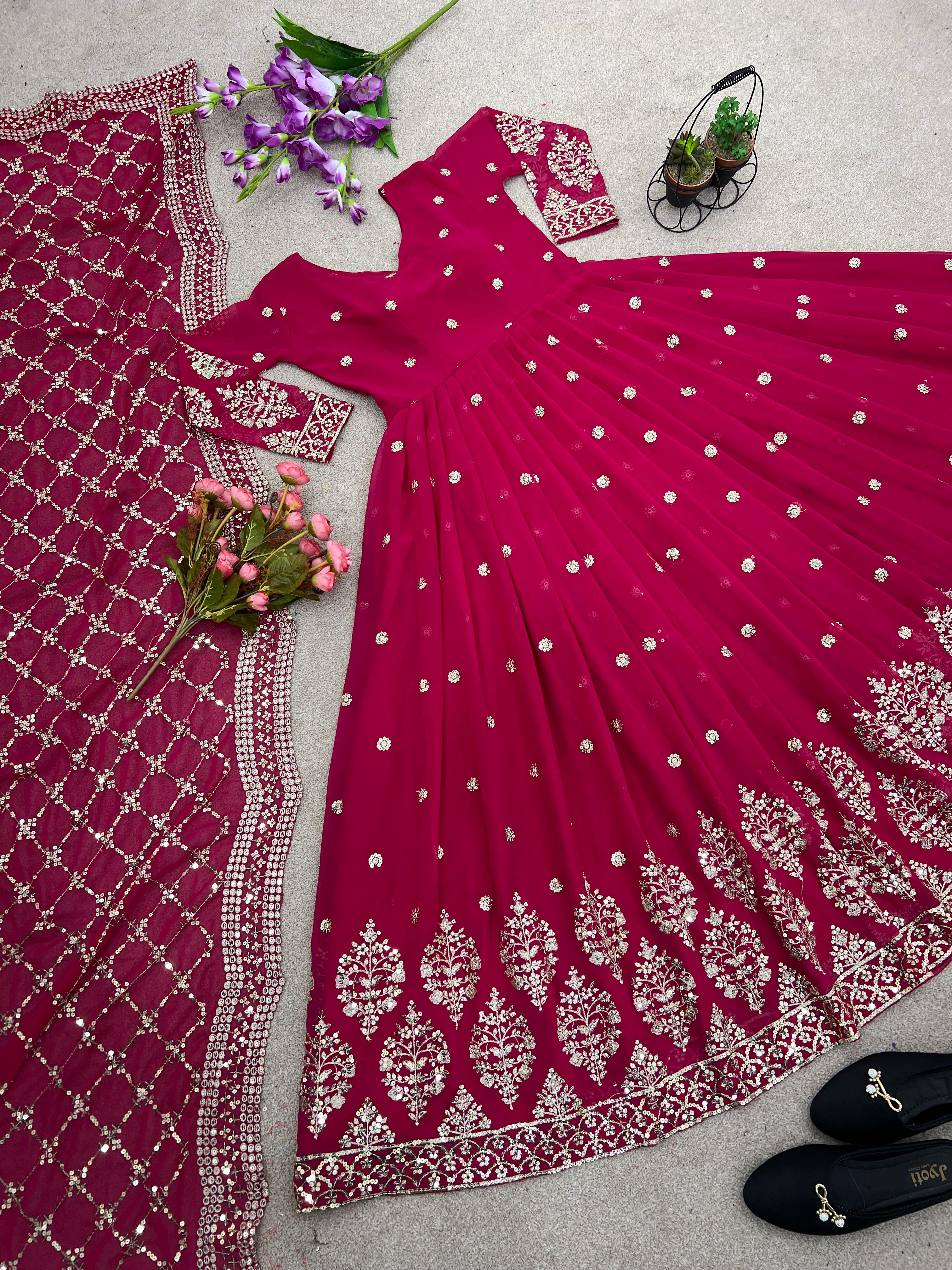Mesmerizing Embroidery Sequence Work Pink Color Long Gown