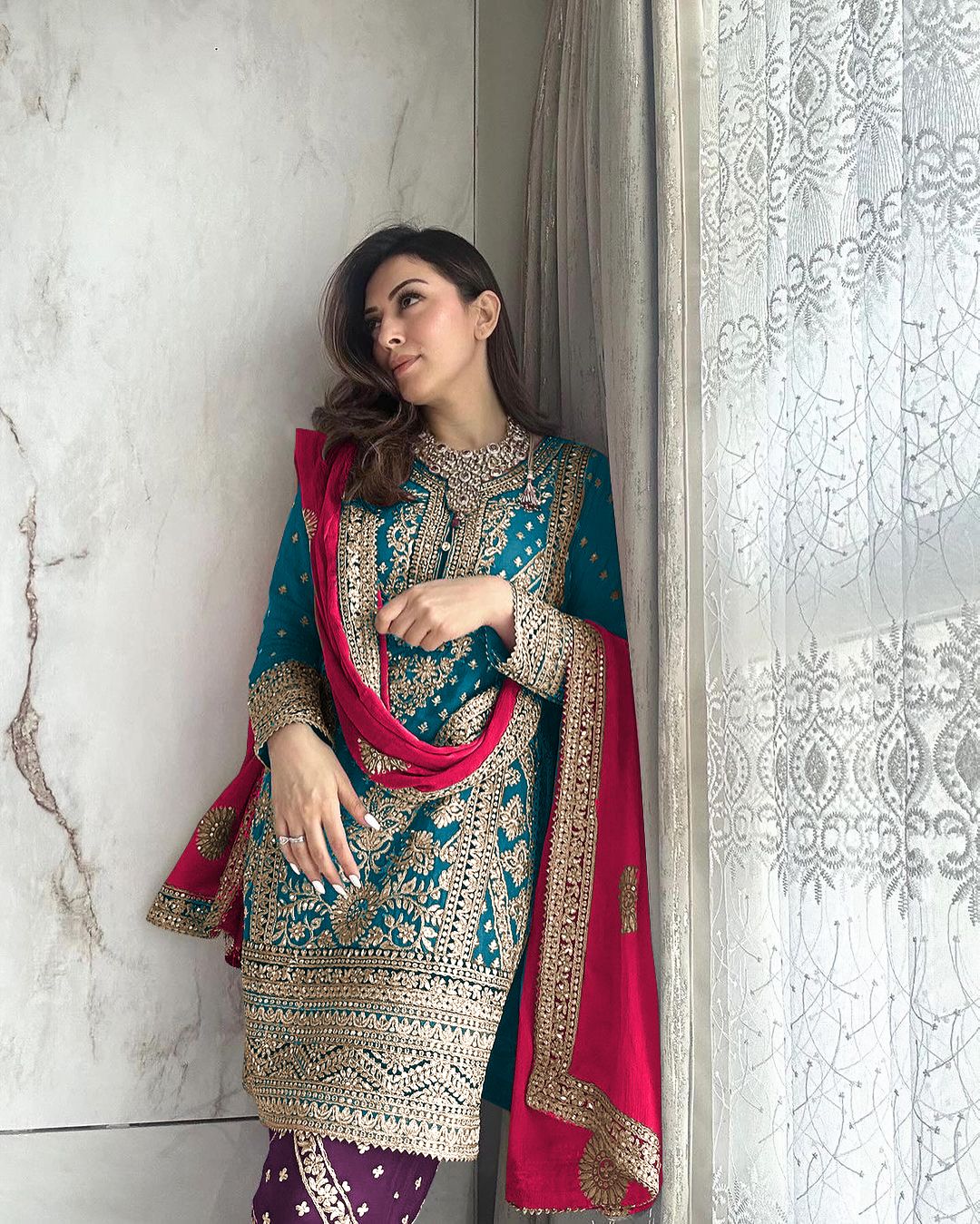 Wonderful Heavy Embroidery Sequence Work Rama Color Anarkali Suit