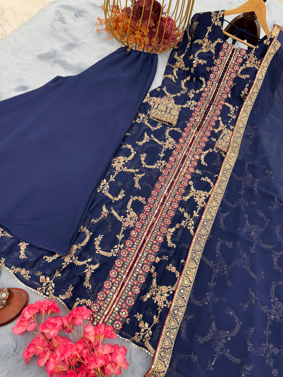 Shining Embroidery Sequence Work Blue Color Sharara Suit