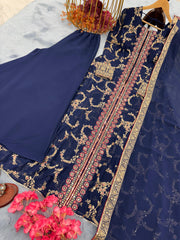 Shining Embroidery Sequence Work Blue Color Sharara Suit
