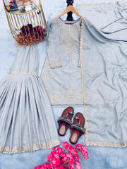 Presenting  Embroidery Sequence Work Grey Color Sharara Suit
