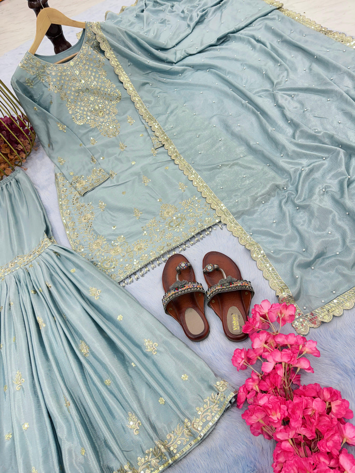 Presenting  Embroidery Sequence Work Piasta Color Sharara Suit