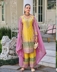 Designer Embroidery Sequence Work Yellow Color Sharara Suit