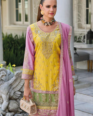 Designer Embroidery Sequence Work Yellow Color Sharara Suit