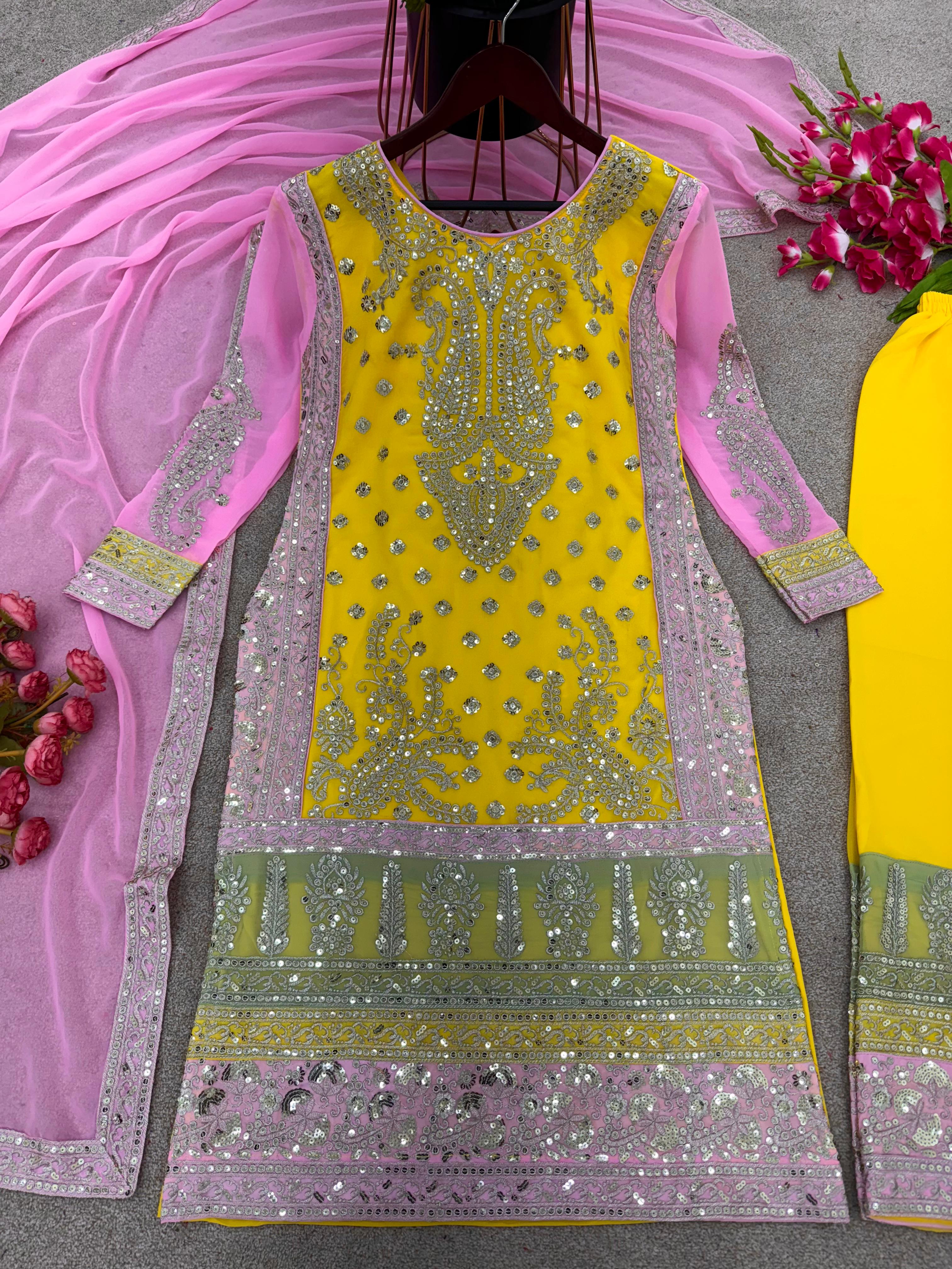 Designer Embroidery Sequence Work Yellow Color Sharara Suit