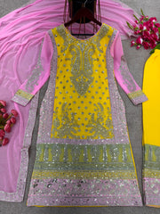Designer Embroidery Sequence Work Yellow Color Sharara Suit