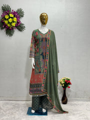 Luxuriant Digital Print With Real Mirror Hand Work Green Color Sharara Suit